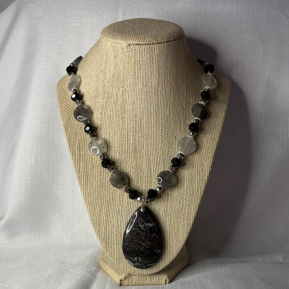 Handcrafted Rutilated Quartz & Crystal Necklace w/Zebra Jasper Pendant